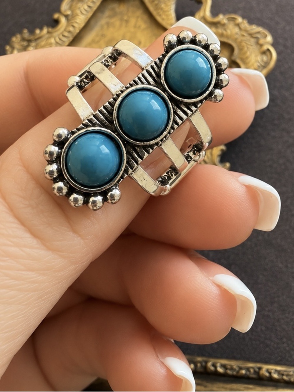 ANTHROPOLOGIE • Silver Triple Turquoise Cabochon Statement Festival Boho Ring - Picture 7 of 8